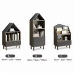 Size specification guide for three house-shaped kids bookcases showing Model A (65 x 32 x 100 cm), Model B (50 x 32 x 135 cm), and Model C (60 x 32 x 95 cm).