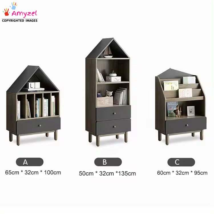 Size specification guide for three house-shaped kids bookcases showing Model A (65 x 32 x 100 cm), Model B (50 x 32 x 135 cm), and Model C (60 x 32 x 95 cm).