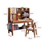 Product dimension diagram for a warm brown wooden kids study desk and chair set featuring an integrated upper hutch bookshelf (100 cm width, 60 cm depth, 75 cm desktop height, 48 cm hutch height) and a matching cushioned wooden chair (79 cm height, 48 cm width).