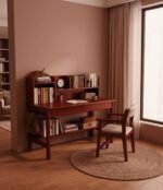 Wooden study desk with bookshelf for home office and study