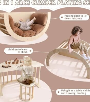 3-in-1 kids wooden table cum playing set in solid sheesham wood – study desk, climbing frame, and rocker.