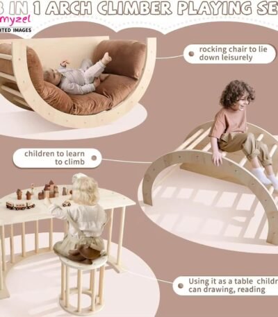 3-in-1 kids wooden table cum playing set in solid sheesham wood – study desk, climbing frame, and rocker.