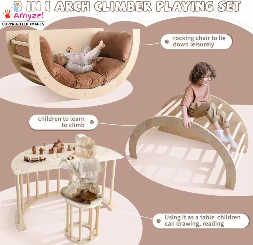 3-in-1 kids wooden table cum playing set in solid sheesham wood – study desk, climbing frame, and rocker.