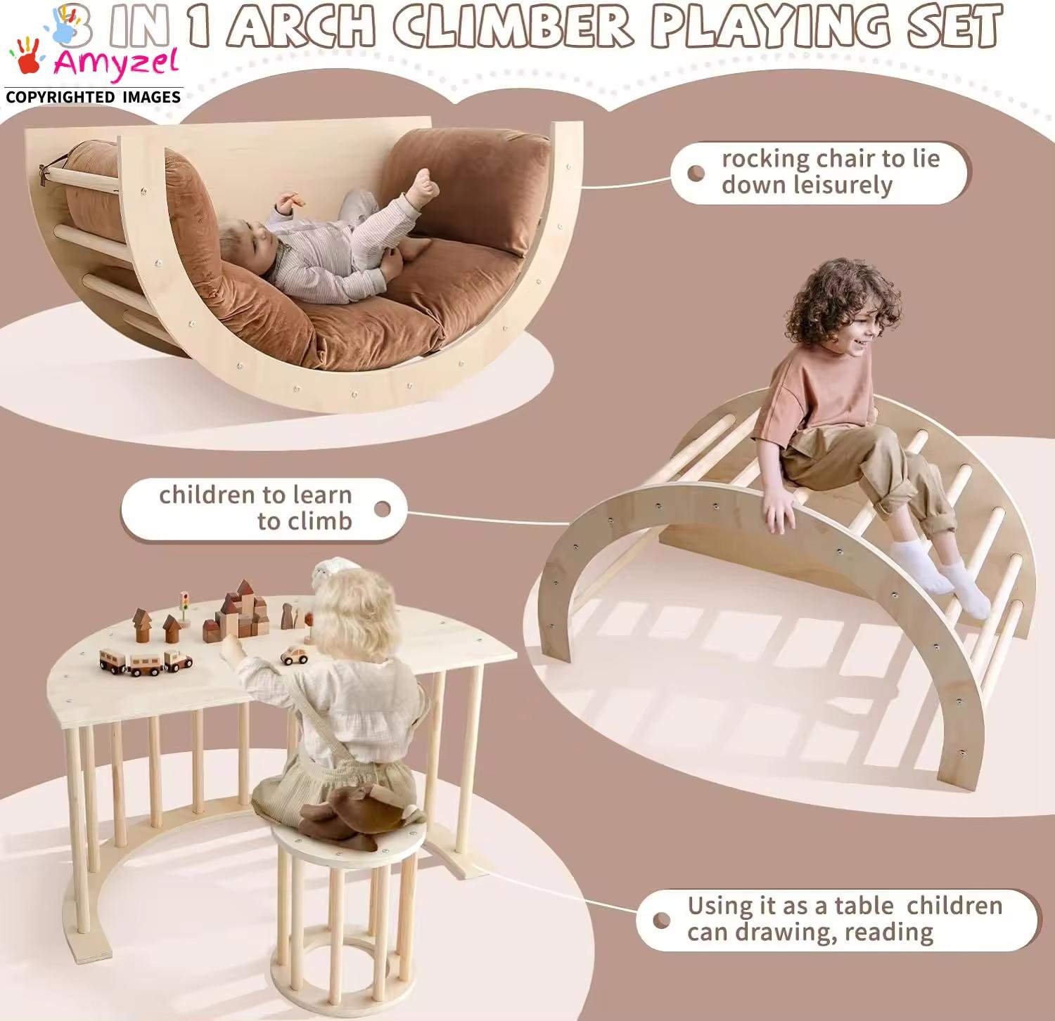 3-in-1 kids wooden table cum playing set in solid sheesham wood – study desk, climbing frame, and rocker.