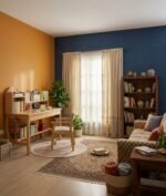 Pine finish mango wood study table with bookshelf and chair