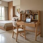 Pine finish wooden study table with attached book shelf unit, dual drawers, and matching chair with upholstered seat in a bedroom setting.