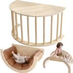 Product composite graphic demonstrating three versatile uses of a Montessori climbing arch: as a slatted toddler desk, an inverted rocking lounger with a cushion, and a climbing arch frame.