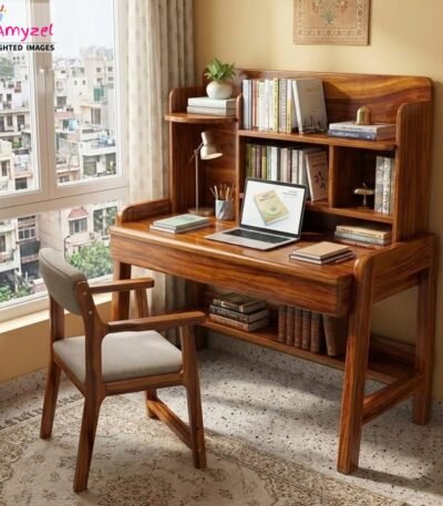 Honey finish solid wooden study table with rich grain patterns, built-in hutch bookshelf, bottom storage shelf, and matching cushioned chair near a window.