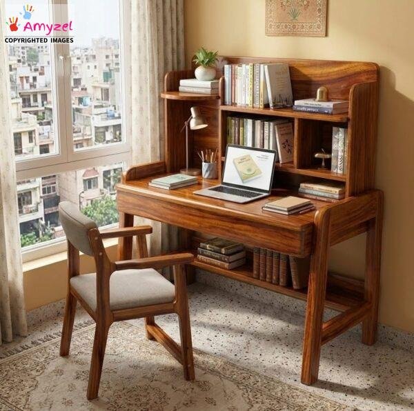 Honey finish solid wooden study table with rich grain patterns, built-in hutch bookshelf, bottom storage shelf, and matching cushioned chair near a window.