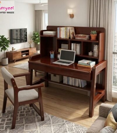 Mahogany wooden study table with built-in hutch bookshelf, bottom shelf, and matching cushioned chair set up in a modern living room.