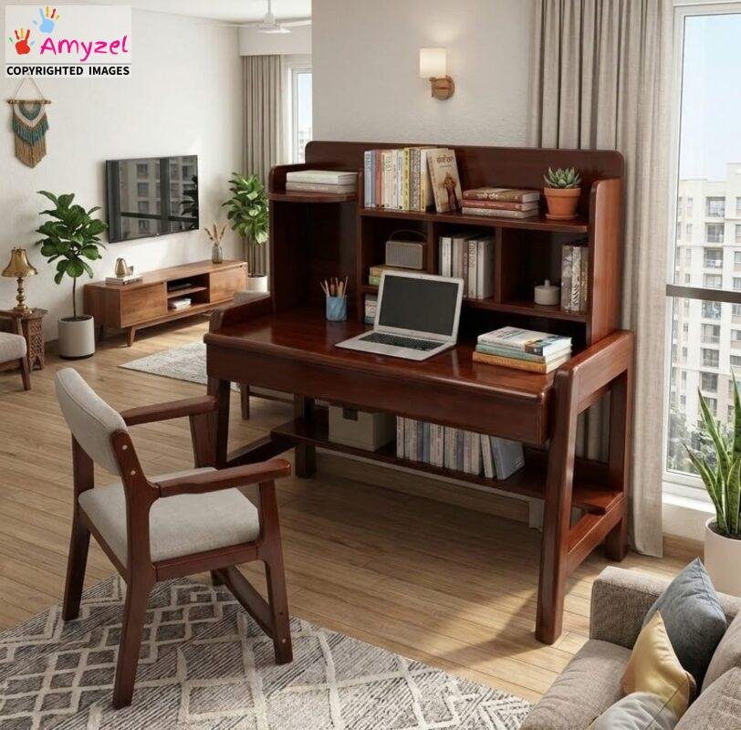 Mahogany wooden study table with built-in hutch bookshelf, bottom shelf, and matching cushioned chair set up in a modern living room.