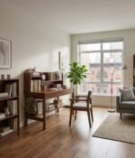Wooden study table with integrated bookshelf and storage