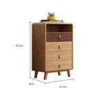 Medium-height 4-tier vertical wooden chest of drawers in warm pine finish wood grain for bedroom closet organization, showing dimensions.