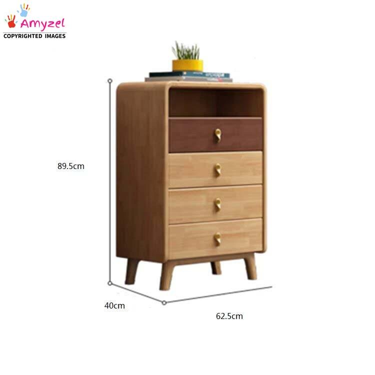 Medium-height 4-tier vertical wooden chest of drawers in warm pine finish wood grain for bedroom closet organization, showing dimensions.