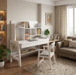 Pure white wooden study table with attached hutch bookshelf and matching chair in a modern living room setting.