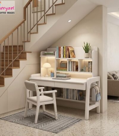White wooden study table with built-in hutch bookshelf, ambient lighting, dual drawers, and matching cushioned white chair styled under a staircase.
