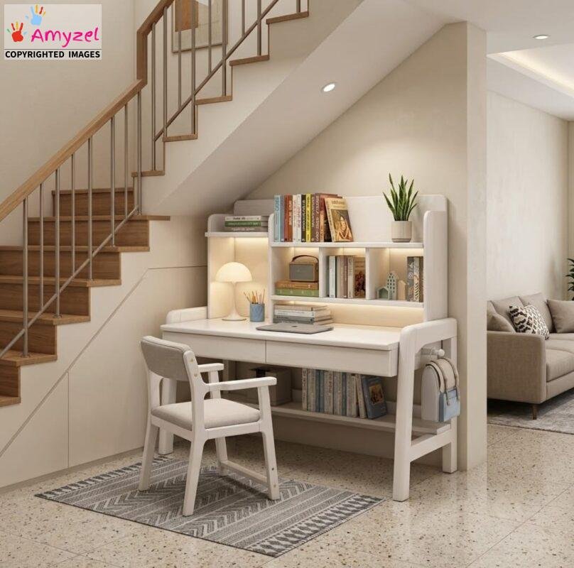 White wooden study table with built-in hutch bookshelf, ambient lighting, dual drawers, and matching cushioned white chair styled under a staircase.