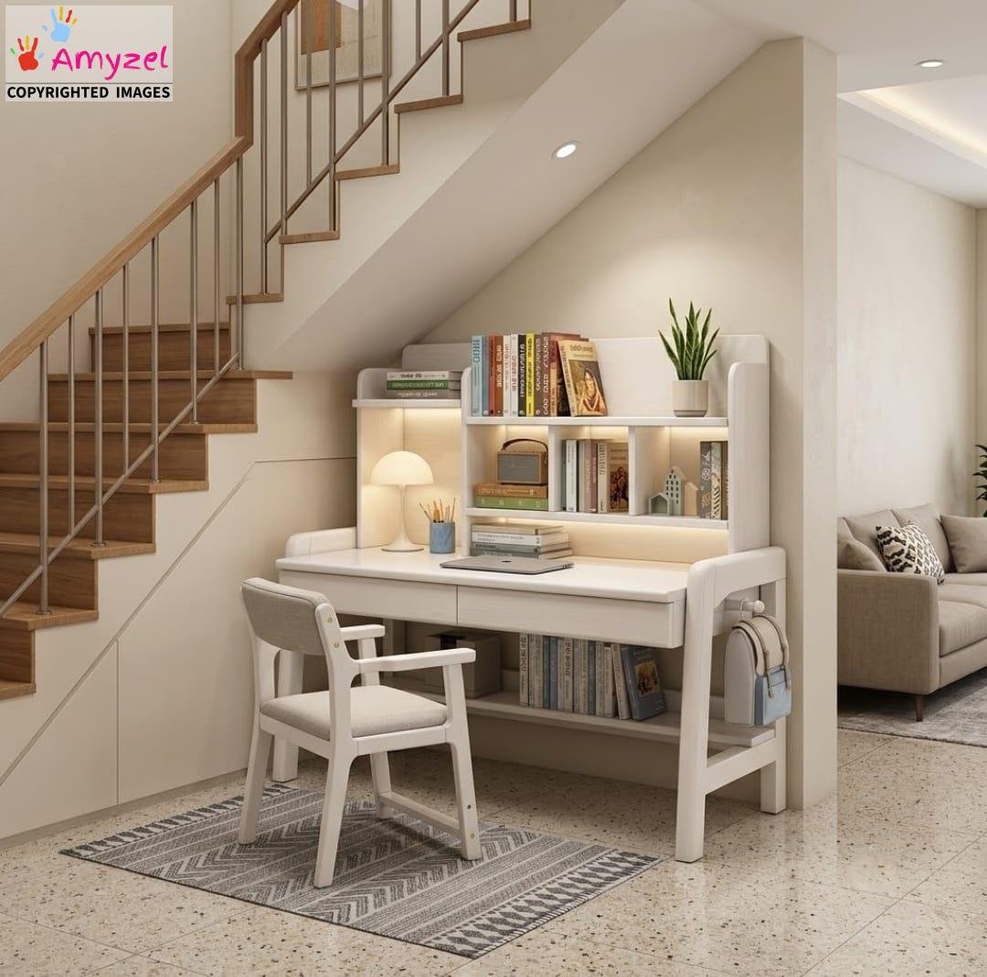 wooden-study-table-with-chair White wooden study table with built-in hutch bookshelf, ambient lighting, dual drawers, and matching cushioned white chair styled under a staircase.