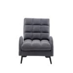 Front view of a plush grey grid-tufted reclining lounge chair with padded armrests and dark wooden legs.