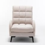 Front view of a plush white grid-tufted reclining lounge chair with padded armrests and dark wooden legs.