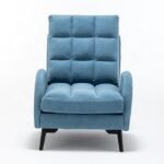 Front view of a plush teal blue grid-tufted reclining lounge chair with padded armrests and dark wooden legs.