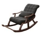 Dark wood rocking armchair upholstered in tufted brown fabric with matching support pillow on white background.