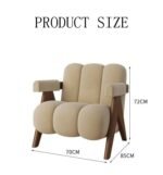 Cream channel-tufted plush armchair with wooden V-legs shown with product dimension callouts (70 W 85 H 72 cm D).