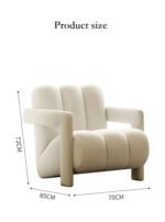 Off-white modern padded lounge armchair with channeled back design showing product dimensions in centimeters