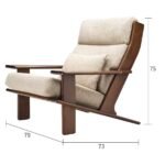 Mid-century modern wooden low lounge armchair dimension diagram showing height, width, and frame depth in centimeters.