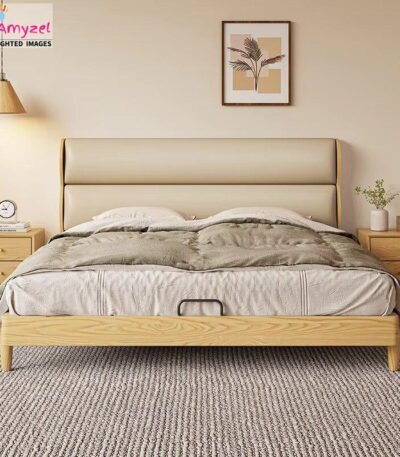 Solid wood bed with a modern design, featuring a sleek frame, durable construction, and elegant finish for a stylish and comfortable bedroom.