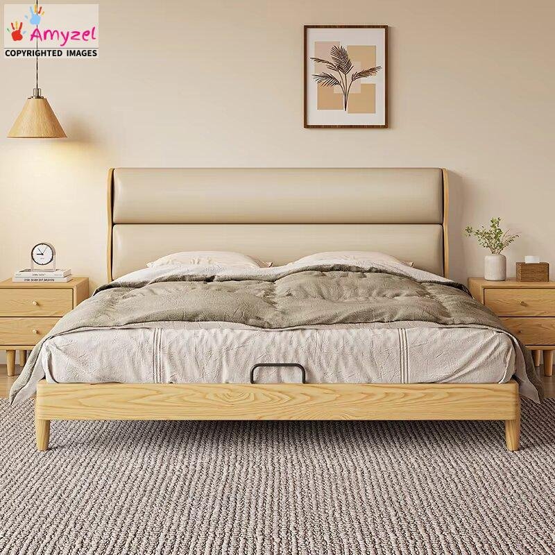 Solid wood bed with a modern design, featuring a sleek frame, durable construction, and elegant finish for a stylish and comfortable bedroom.