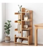 Modern solid wood bookshelf with multiple shelves for books and home décor storage.