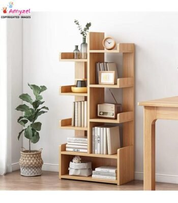 Modern solid wood bookshelf with multiple shelves for books and home décor storage.