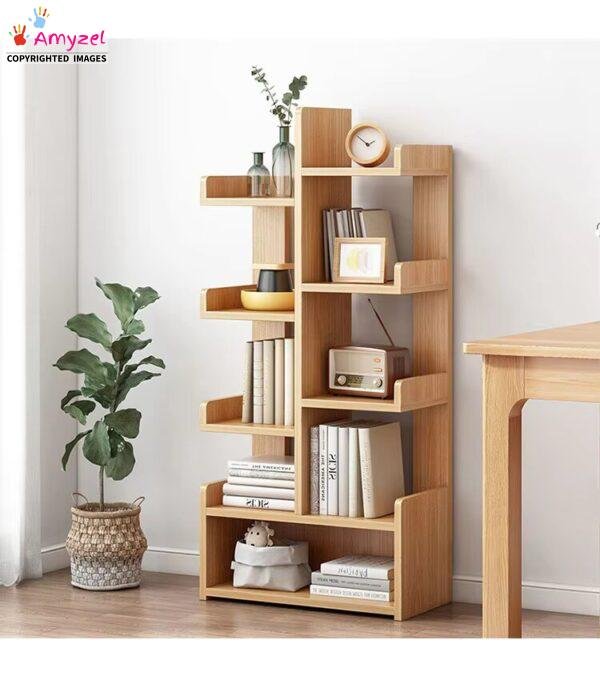 Modern solid wood bookshelf with multiple shelves for books and home décor storage.