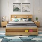 Bedroom setup featuring the natural oak platform bed frame with built-in headboard shelf and footboard storage compartment.