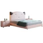 Amyzel pink and brown solid wood kids bed frame with bear-ear padded headboard and a matching pink nightstand.