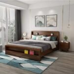 Dark walnut finish version of the storage bed frame styled in a bedroom setting.