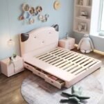 Amyzel pink solid wood kids bed frame with built-in underbed storage drawers and durable wooden support slats.