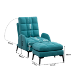 Teal turquoise grid-tufted recliner armchair and matching ottoman footstool set dimension chart with full product measurements.