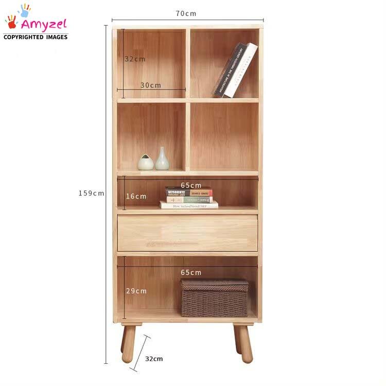 Product size dimensions for Amyzel natural solid wood kids bookcase featuring open shelf cubbies, center drawer, and tapered legs.