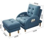 Slate blue fabric tufted reclining accent chair and matching ottoman set dimension diagram featuring side magazine pocket and product measurements.