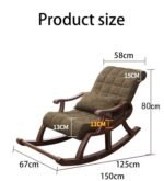 Modern wooden rocking chair dimension diagram with tufted brown cushion, lumbar pillow, and height specifications in centimeters.