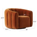 Rust terracotta channel-tufted velvet swivel barrel armchair with product dimensions diagram showing height, width, seat depth, and seat height