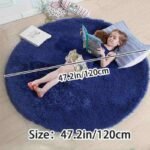 Deep navy blue round shag rug for boys bedroom with sizing schematic showing 47.2 inch and 120 cm width, plush circular fluffy nursery floor carpet.