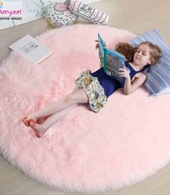 Soft and plush round shaggy carpet with a high-pile texture, perfect for cozy living spaces, bedrooms, and kids' room.