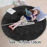 Charcoal black dark grey round fluffy rug for bedroom with 47.2 inch and 120 cm measurement diagram, thick pile ultra soft circular kids play carpet.