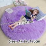 Lavender purple round fluffy shag carpet for toddler bedroom with size dimension overlay showing 47.2 inch and 120 cm diameter, soft circular nursery rug.
