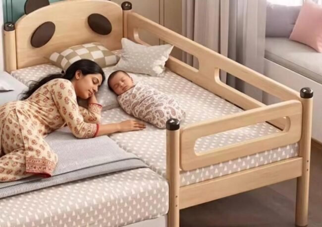 Cozy bedroom setting with a mother next to her sleeping baby in an attached wooden toddler bed extension featuring a playful black and white panda-shaped headboard.