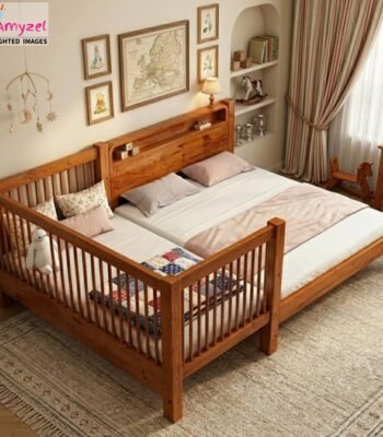 Wooden bedside crib attached to bed for safe co-sleeping
