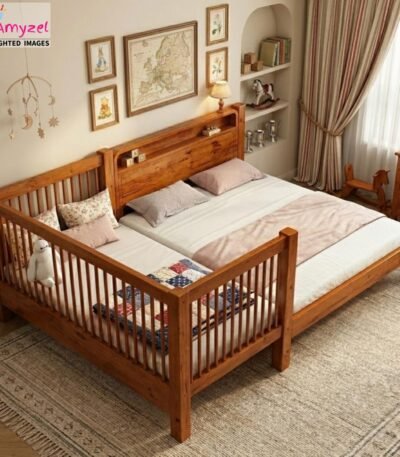 Wooden bedside crib attached to bed for safe co-sleeping